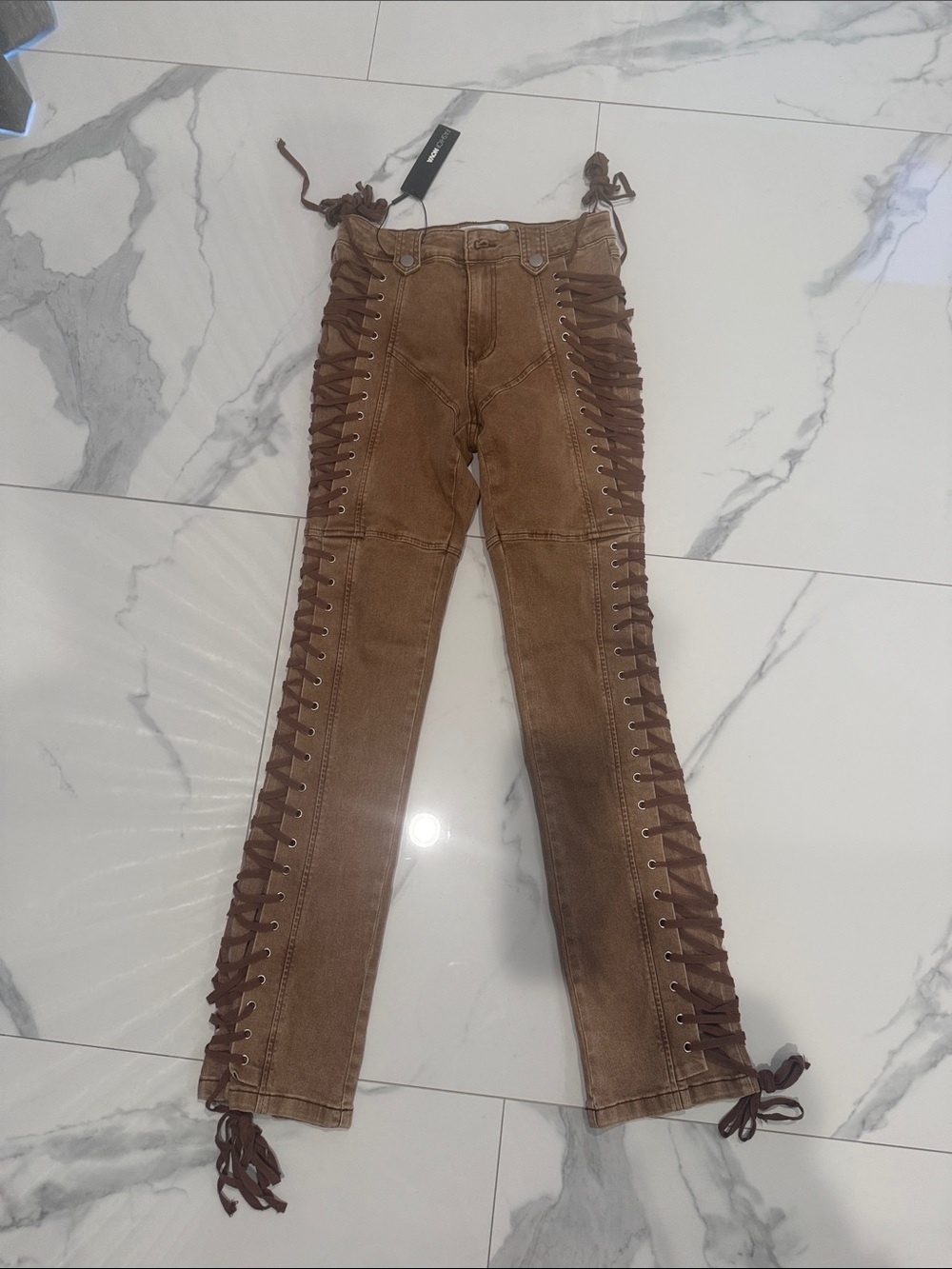 Fashion Nova Tan Lace-Up Detail Jeans
